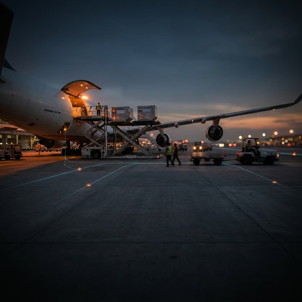 Cargo aircraft loading at an airport terminal for fast air freight delivery across India.