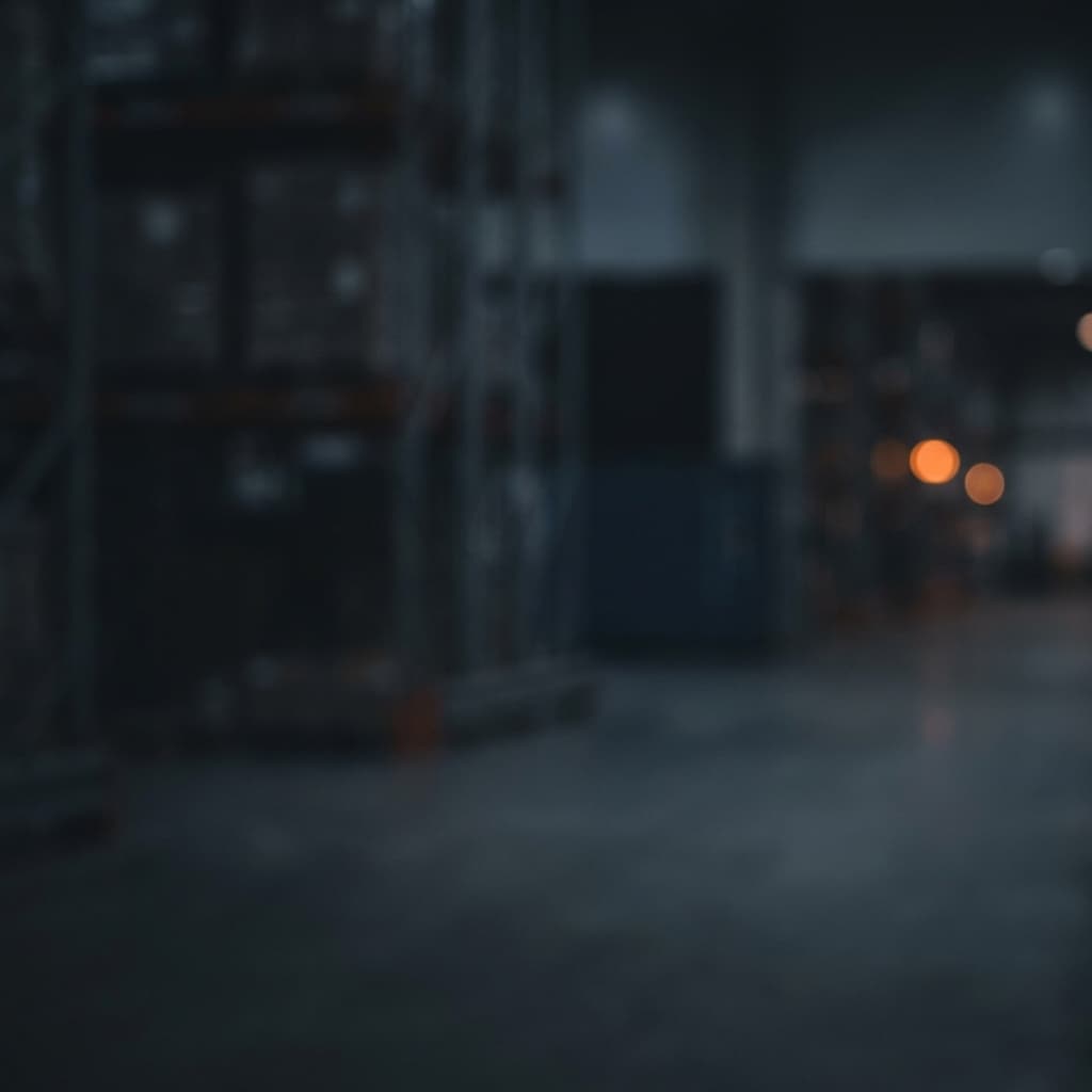 Background of a blurred logistics warehouse at night.