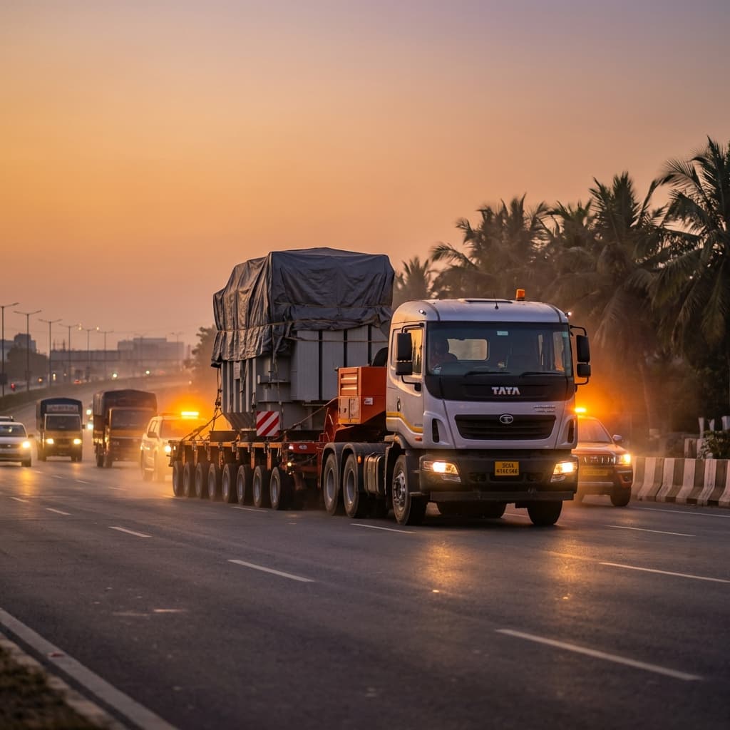 Heavy duty trailer carrying oversized project cargo on Indian highways.